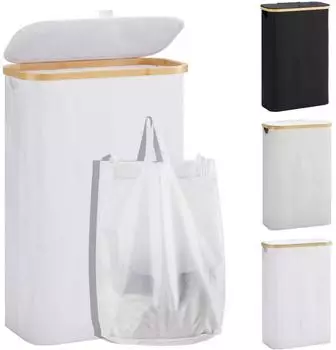 LuxusKollektion W&auml;schekorb mit Deckel, schmal, faltbar, Bambus, 48L, wei&szlig; (40x20x60cm)