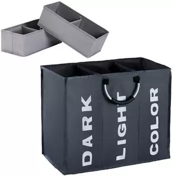 LuxusKollektion W&auml;schesortierer 3 F&auml;cher 90L & 2 Stoffboxen, faltbar, dunkelgrau