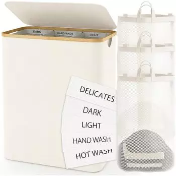 LuxusKollektion W&auml;schekorb mit Deckel, 3 F&auml;cher, 160L, faltbar, Stoff & Bambus, beige