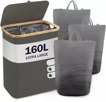LuxusKollektion W&auml;schekorb mit Deckel, 3 F&auml;cher, faltbar, Bambus, dunkelgrau, 160L
