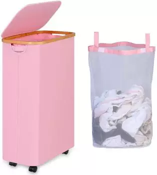 LuxusKollektion W&auml;schekorb mit Deckel, Rollen und herausnehmbarem Innenteil, faltbar, 75L, rosa