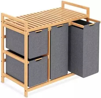 LuxusKollektion W&auml;schesortierer 3 F&auml;cher, Bambus, grau, 150L, mit Rollen
