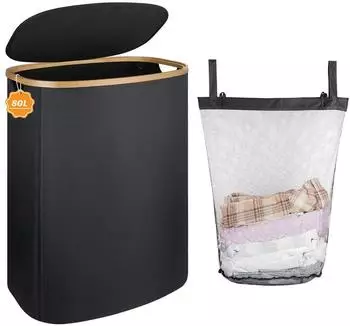 LuxusKollektion W&auml;schekorb 80L Bambus, faltbar, mit Deckel, schwarz (150829)