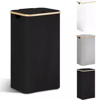 LuxusKollektion W&auml;schekorb mit Deckel, faltbar, Bambus, schwarz, 85L (30x40x70cm)