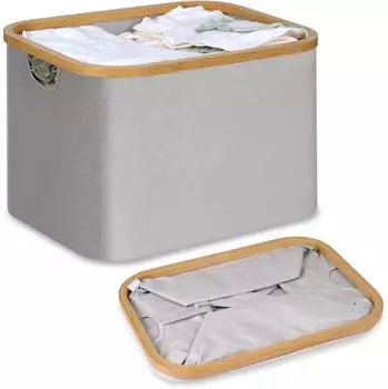 LuxusKollektion Faltbarer Wäschekorb 50L, Bambus & Stoff, hellgrau