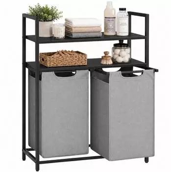 Relaxdays Wäschekorb 2 Fächer mit Ablagen, 92L, Stoff, schwarz/grau