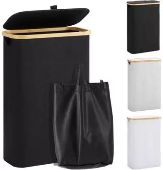 LuxusKollektion W&auml;schekorb mit Deckel, schmal, faltbar, Bambus, 48L, schwarz