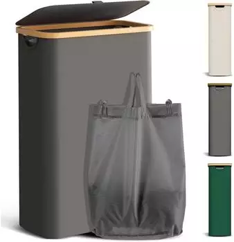 LuxusKollektion Wäschekorb mit Deckel, faltbar, Bambus, dunkelgrau, 48L