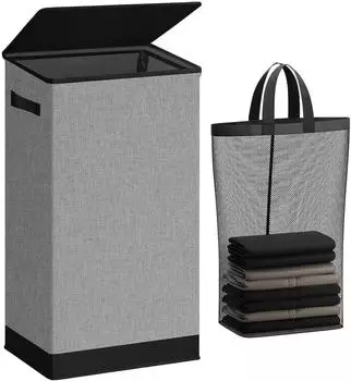 LuxusKollektion Wäschekorb mit Deckel und Wäschesack, 100L, schmal, faltbar, grau