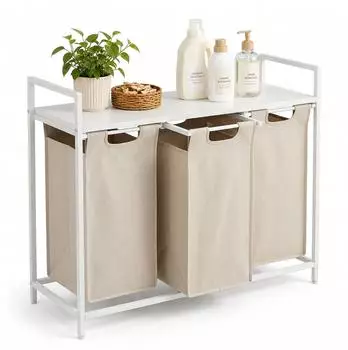 Relaxdays Wäschesortierer 3 Fächer mit Ablage, beige/weiß