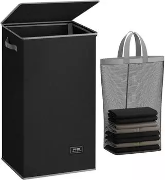 LuxusKollektion W&auml;schekorb mit Deckel und W&auml;schesack, schmal, faltbar, 100L, schwarz