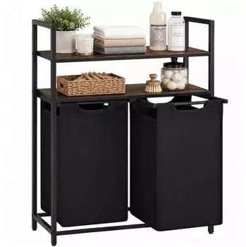 Relaxdays Wäschekorb 2 Fächer mit Ablagen, Metall/Holz, schwarz/braun