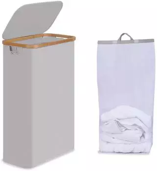 LuxusKollektion Wäschekorb mit Deckel, faltbar, 75L, hellgrau, Bambusgriffe