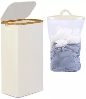 efluky Wäschekorb mit Deckel, schmal, faltbar, beige, 75L, Bambusgriffe