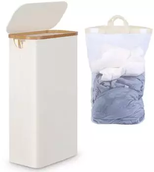 LuxusKollektion Wäschekorb schmal, faltbar, beige, 63L, mit Deckel und abnehmbarem Beutel