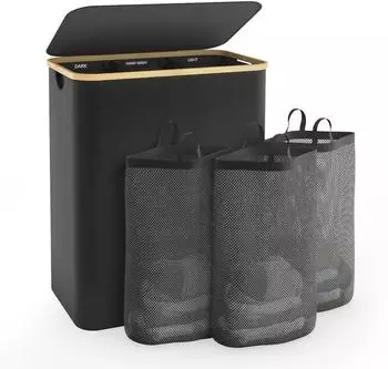 LuxusKollektion W&auml;schekorb mit Deckel, 3 F&auml;cher, 160L, schwarz
