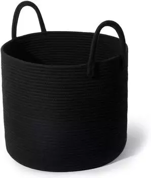LuxusKollektion W&auml;schekorb geflochten mit Griffen, Baumwolle, schwarz, &Oslash;40&times;H34cm