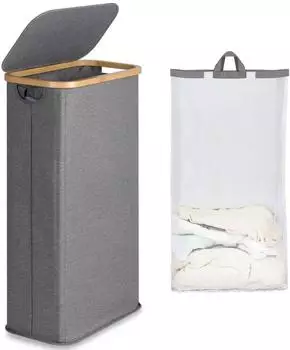 LuxusKollektion W&auml;schekorb schmal, faltbar, 63L, grau, mit Deckel & Beutel