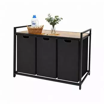 Relaxdays W&auml;schesammler 3 F&auml;cher mit Ablage, Textil/Metall/Holz, schwarz