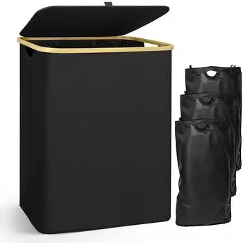 capocica Wäschekorb 160L, 3 Fächer, klappbar, Oxford-Stoff, schwarz