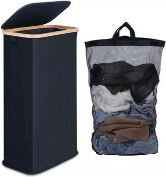efluky W&auml;schekorb schmal 63L, faltbar, mit Deckel, schwarz, Leinen & Bambus