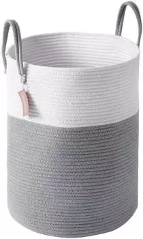 LuxusKollektion Geflochtener W&auml;schekorb Baumwolle wei&szlig; & grau 38cm(D)x50cm(H)