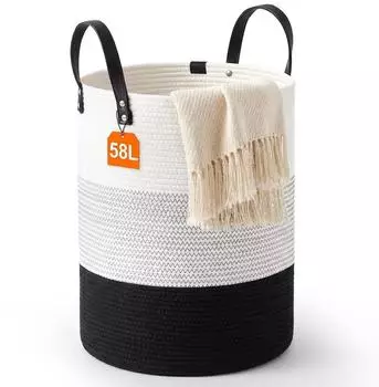 LuxusKollektion W&auml;schekorb Baumwollschnur schwarz-wei&szlig; Patchwork mit Ledergriffen, 58L
