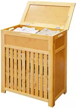 Relaxdays W&auml;schekorb mit Deckel, Lamellen-Design, Bambus & MDF, 80L, 62,5x50,5x28cm