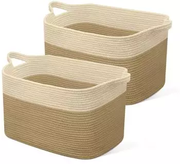 LuxusKollektion Faltbarer W&auml;schekorb 63L, Baumwolle geflochten, Jute & Wei&szlig;, 2er-Set