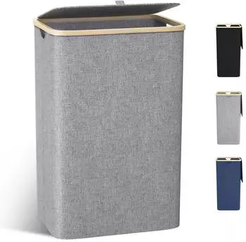 LuxusKollektion Wäschekorb mit Bambusdeckel und herausnehmbarem Wäschesack, 100L, grau, 33cm