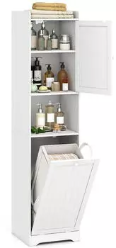 Costway Badezimmer-Hochschrank mit W&auml;schekorb, 48L, Holz, wei&szlig;, 40x40x170cm (VH34049IT)