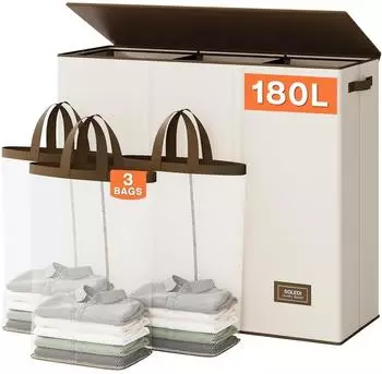 LuxusKollektion W&auml;schesortierer 3 F&auml;cher mit Deckel 180l, beige (66201)