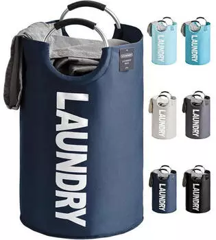 LuxusKollektion W&auml;schekorb faltbar 92L dunkelblau mit Aluminiumgriff (38x38x72cm)