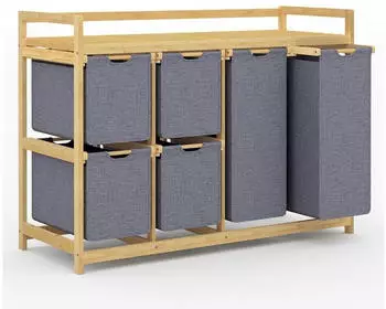 LuxusKollektion W&auml;schesortierer 200L 6 F&auml;cher, Bambus, grau