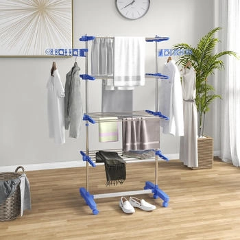 HomCom Wäscheturm Stahl 142 x 55 x 172 cm Blau (DE850-295V00BU) – Vielseitige Trocknungsmöglichkeiten auf mehreren Ebenen