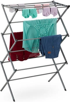 Relaxdays klappbar, 11 Stangen, 6 Ebenen, HBT: 105x73x37 cm, W&auml;scheturm, Metall W&auml;schegestell, Silber (10050240)