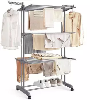 Songmics Wäscheständer 4 Ebenen, klappbar, mit Rollen, grau (LLR701G01)