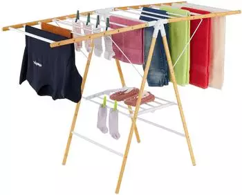 Relaxdays Wäscheständer klappbar, 2 Ebenen, Bambus & Metall, 100x148x56cm, natur/weiß