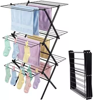 Relaxdays Turmwäscheständer klappbar, 3 Ebenen, 27 Stangen, Metall, schwarz (115x53,5x52cm)