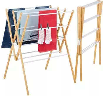 Relaxdays Turmwäscheständer klappbar, 12 Stangen, Bambus/Metall, 93x70x62cm (10051101_956)