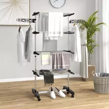 HomCom Turmw&auml;schest&auml;nder 4 Ebenen klappbar mit Rollen, schwarz (142x55x172cm)