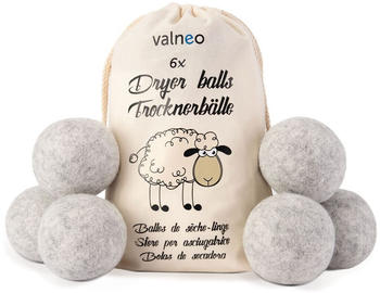 valneo 6 Trocknerbälle für Wäschetrockner in grau aus 100% natürlicher Schafwolle - öko Waschball - Dryer Balls als Weichspüler für Ihren Trockner geeignet
