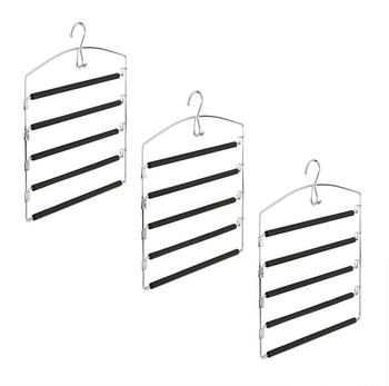 Relaxdays Hosenbügel platzsparend, 3er Set Hosenkleiderbügel mehrfach, Metall, HxBxT: 44,5x37x2,7 cm, silber/schwarz