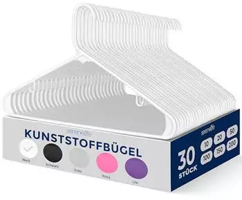 SereneLife Kleiderbügel Kunststoff, rutschfest, weiß, 30er-Set (SLHPL30)