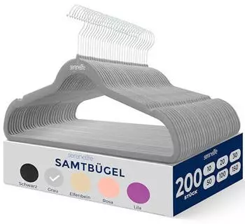 SereneLife Samt Kleiderbügel 200er-Pack, rutschfest, 360° drehbarer Haken, Grau (SLHVELGRY200)