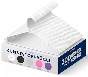 SereneLife Kleiderbügel Kunststoff Weiß rutschfest Tubular, 200 Stück (SLHPL2000)