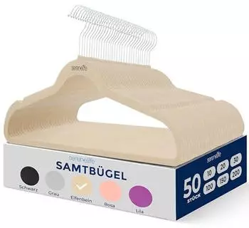 SereneLife Samt Kleiderbügel 50er-Pack, rutschfest, 360° Haken, Creme (SLHVELIVOR50)