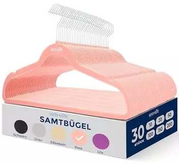 SereneLife Samt Kleiderbügel 30er Set, rutschfest, 360° Haken, Rosa (SLHVELPIK30)
