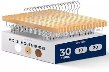 SereneLife Kleiderbügel Holz mit Klemmen 360° Drehhaken, 30er-Set (SLWPNW30)