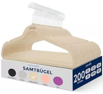 SereneLife Samtkleiderbügel Set 200 Stück rutschfest 360° drehbarer Haken (SLHVELIVOR200)